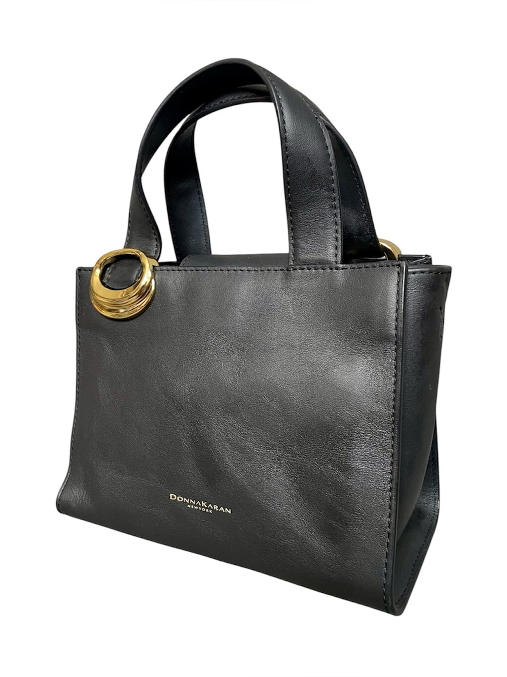 Donna Karan Black Leather Mini Satchel w 24k Gold Dipped Ring Accents
